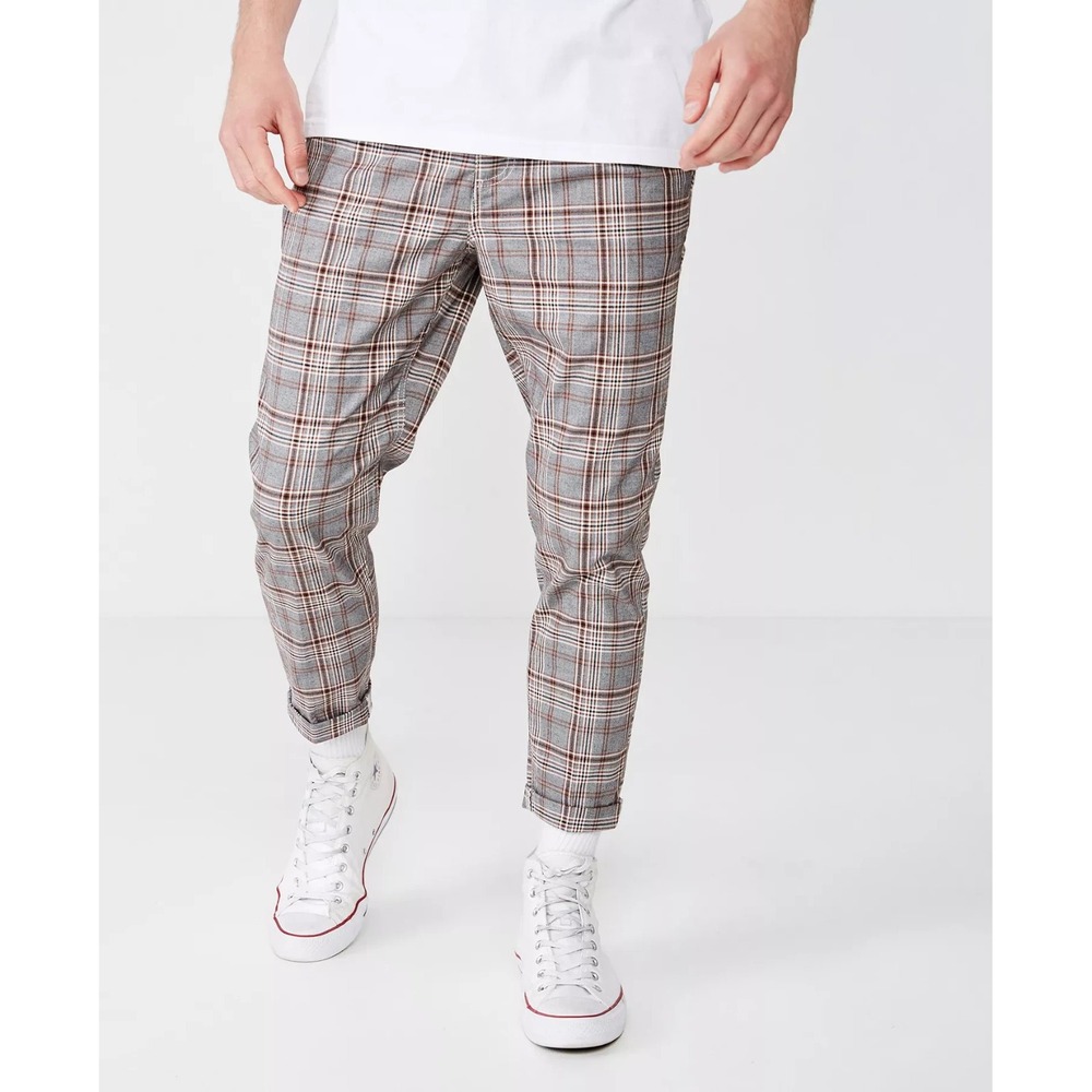 Cotton On Pants Mens Sz 34 Brown Plaid Slim Fit Oxford Trouser Ankle Length NEW